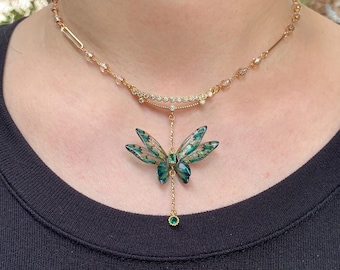 Collier pendentif libellule verte, collier fée enchantée, collier insecte cadeau pour elle