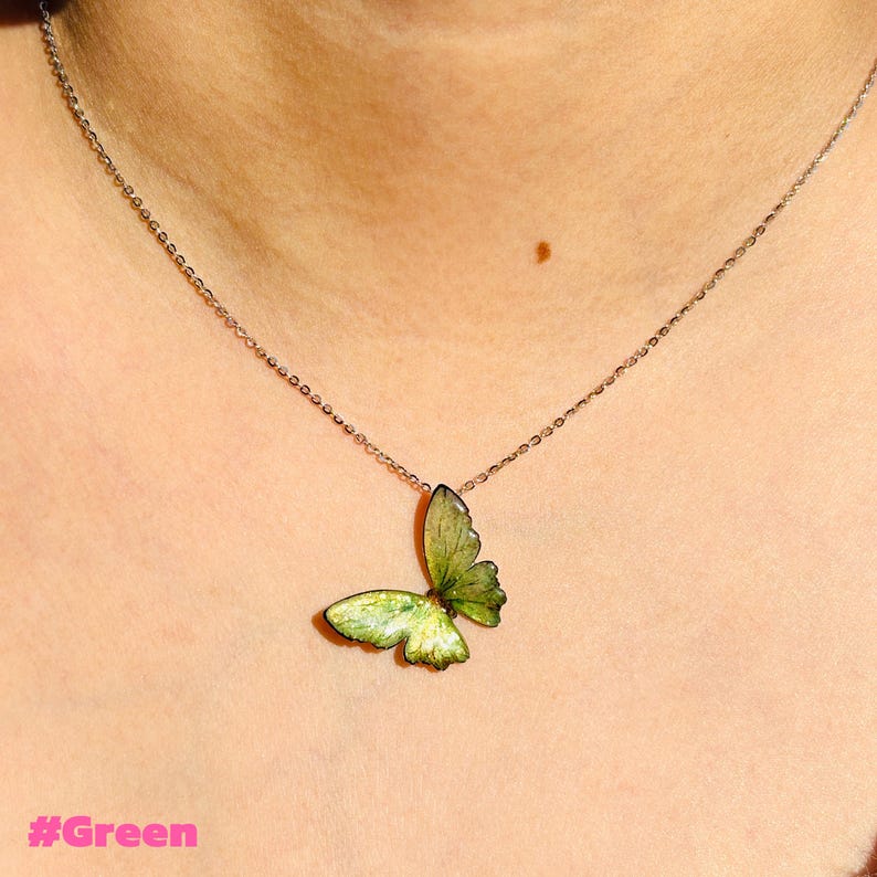 Blue Morpho Butterfly Necklace, Dainty Pendant Necklace, Fairy Resin Jewelry, Unique Gift for her Green