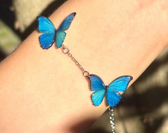 Blue Morpho Butterfly Bracelet, Resin Butterfly Wing Jewelry, Adjustable Handmade Jewelry, Gift for Her