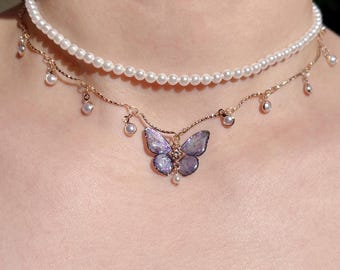 Butterfly Pearl Choker, Insect Beaded Necklace, Fairy Resin Jewelry, Unique Gift for Her