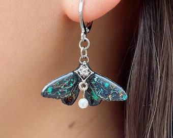 Dark Moth Earrings, Gothic Moth Wing With Pearl Hoop Earrings, Fairy Jewelry, Gift for her