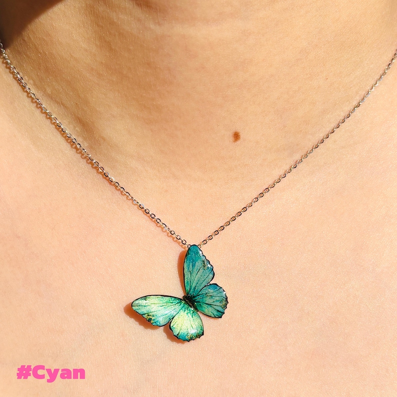 Blue Morpho Butterfly Necklace, Dainty Pendant Necklace, Fairy Resin Jewelry, Unique Gift for her Cyan