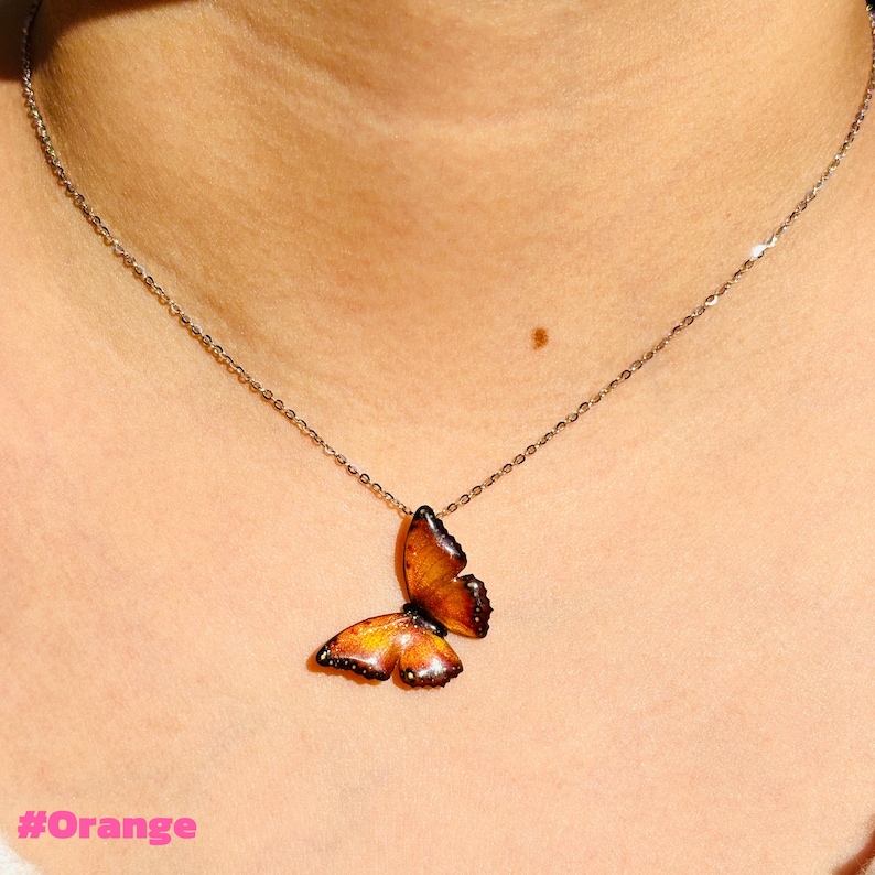 Blue Morpho Butterfly Necklace, Dainty Pendant Necklace, Fairy Resin Jewelry, Unique Gift for her Orange