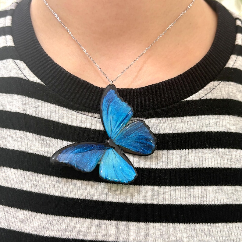 Blue Morpho Butterfly Necklace, Dainty Pendant Necklace, Fairy Resin Jewelry, Unique Gift for her image 2