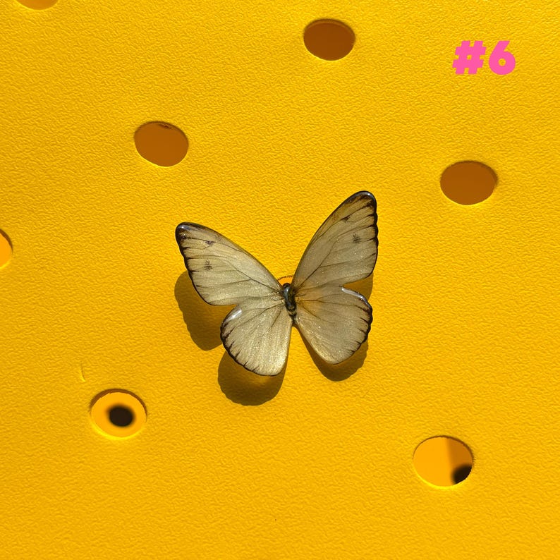 May include: A detailed image of a butterfly with light tan wings and dark brown edges, resting on a bright yellow surface. The butterfly's shadow is visible. The background is a textured yellow with evenly spaced circular holes.