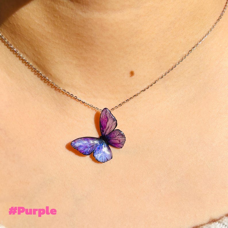 Blue Morpho Butterfly Necklace, Dainty Pendant Necklace, Fairy Resin Jewelry, Unique Gift for her Purple