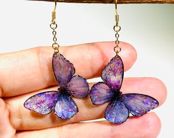 Iridescent Purple Butterfly Drop Earrings, Fairy Resin Earrings, Gift for Her