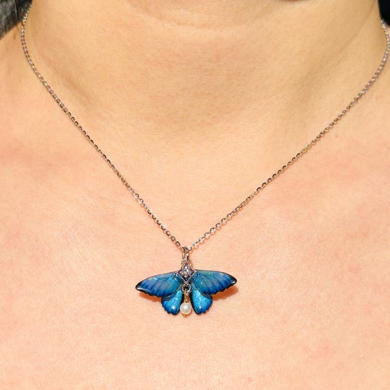 Blue Moth Necklace, Moth Wings With Pearl Jewelry, Insect Fairy Resin Moth Pendant, Gift For Her