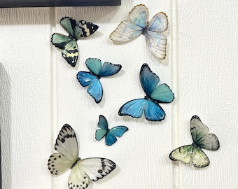 May include: A collection of decorative butterfly wall art in various sizes and colors. The butterflies feature shades of blue, green, and white, with detailed wing patterns. They are affixed to a textured white surface, creating a whimsical display.