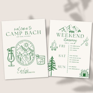 Camp Bach bearbeitbare Bachelorette Reisestrecke | Anpassbare Canva Vorlage | Sofortiger Download Reiseplan für das Bachelorette Wochenende