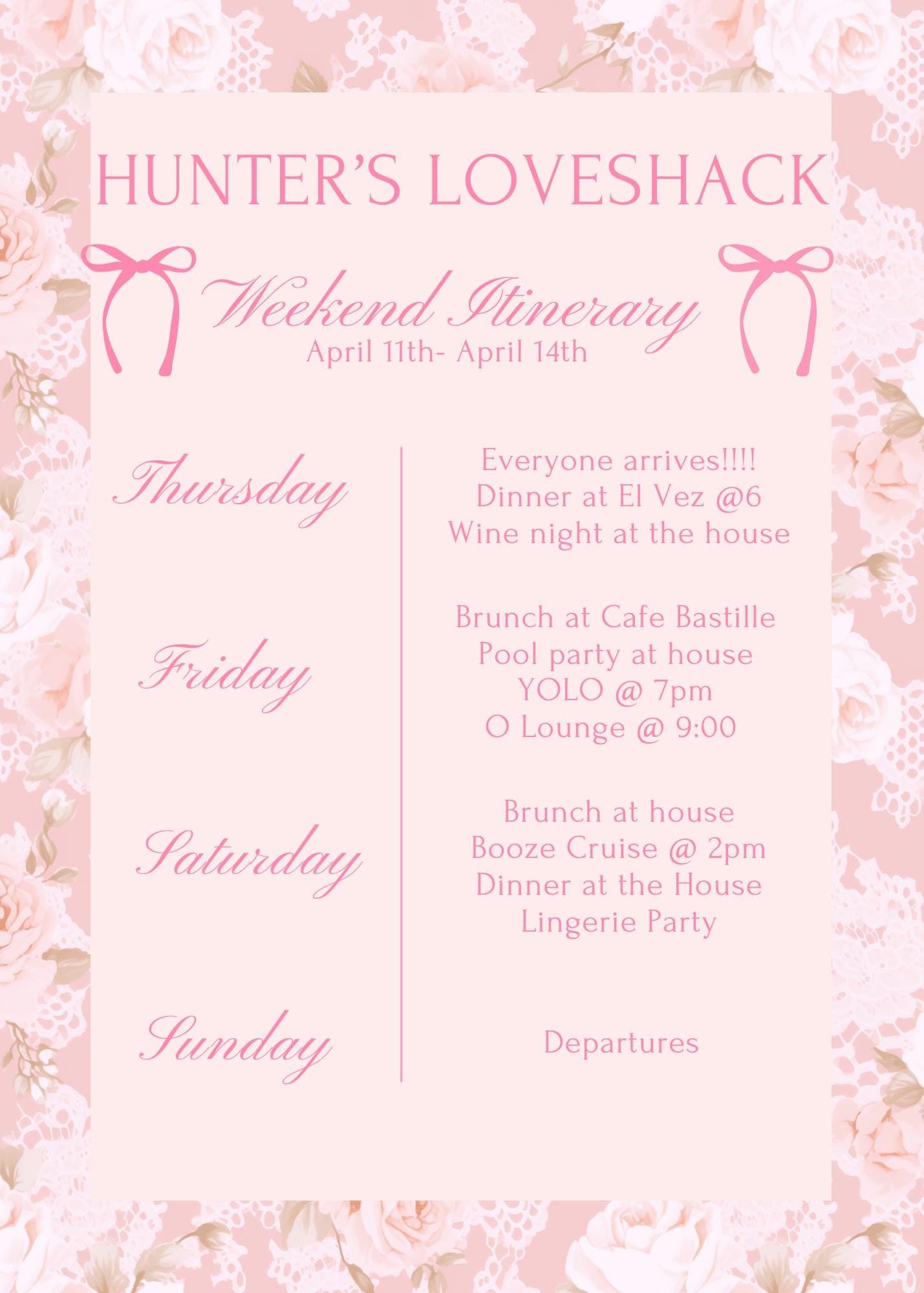 Bach Itinerary Template, Beach, Loveshack, Pink Etsy