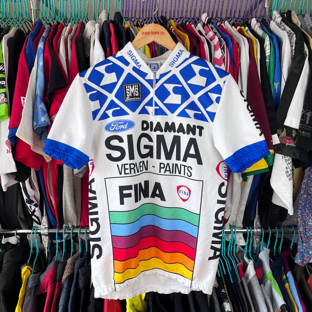 RARE Maillot Cyclisme Vintage 1988 SIGMA FINA DIAMANT Par Santini - Taille XL