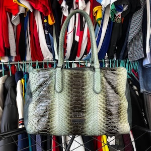 May include: A rectangular handbag with a snakeskin pattern in shades of green and brown. The bag has two handles and a rectangular shape. The background features a rack of clothing.