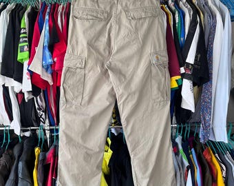 Pantalones de trabajo Carhartt vintage beige desgastados y desgastados, talla militar 30x32
