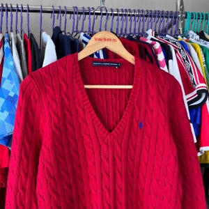 Vintage Ralph Lauren Sport Cable-knit V-neck Red Sweater Size M