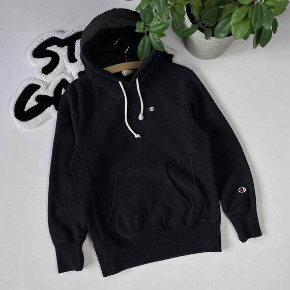 Embroidered Small Black Champion Hoodie Small Logo Vintage