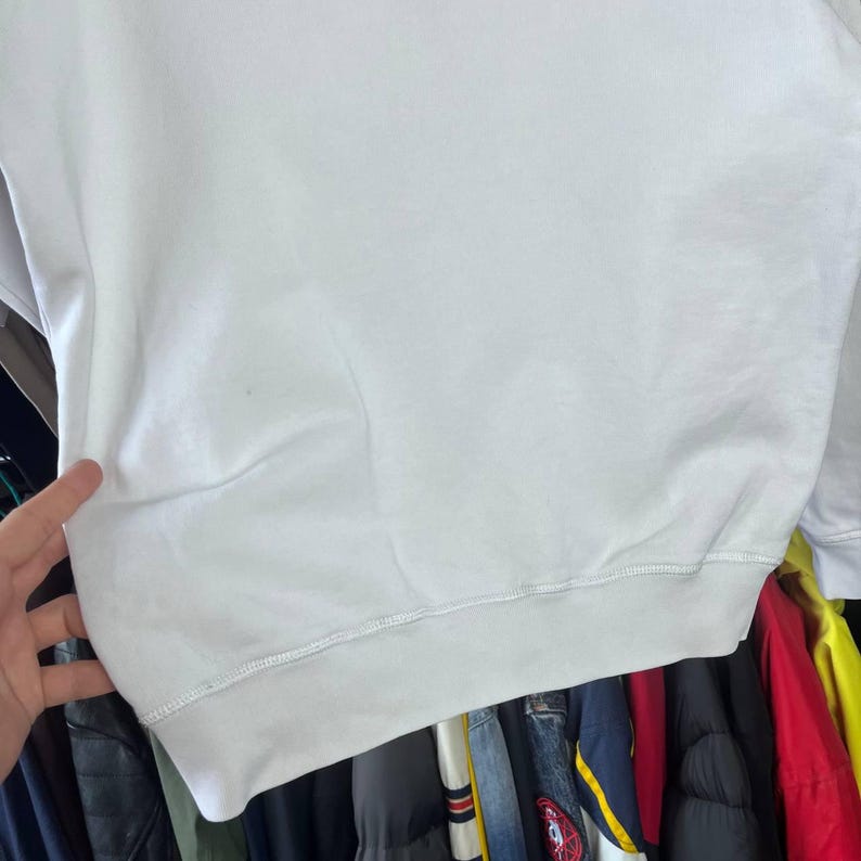 May include: A white sweatshirt with a crew neck and long sleeves. The bottom hem and cuffs are ribbed. The garment is made of a soft, comfortable material. The sweatshirt is a casual, everyday wear item.
