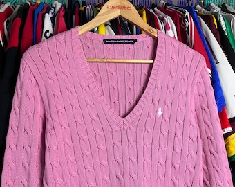 Vintage Ralph Lauren Sport Cable Knit Pink V-Neck Sweater Size L