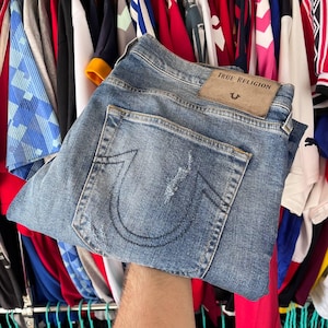 True Religion Rocco Relaxed Skinny Distessed Faded Blue Denim Pants Size 36
