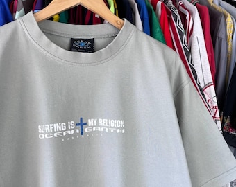 Vintage 90s Ocean Earth Surfing is my religion T Shirt Size L