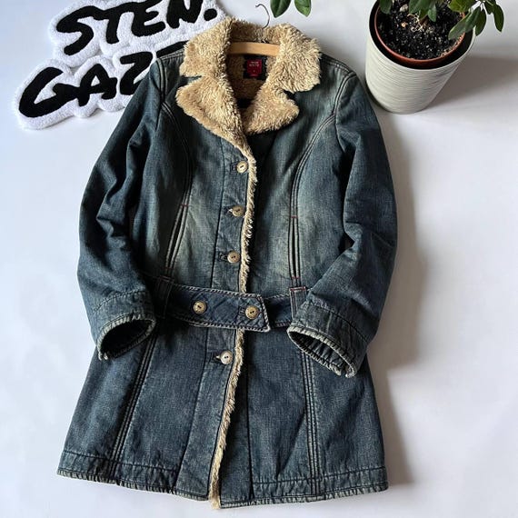 Vintage Y2k Miss Sixty Womens Knopf Denim Sherpa mit Pelz-Mantel