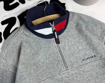 Sudadera polar vintage Tommy Hilfiger de los años 90 con cremallera de 1/4 y logotipo grande, talla L/XL