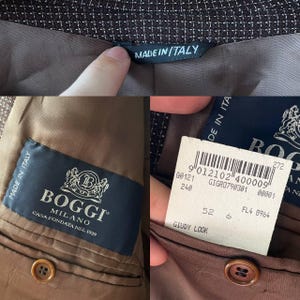 May include: Close-up of a brown and white checkered blazer interior with tags. The tags read "MADE IN ITALY" and "BOGGI MILANO CASA FONDATA NEL 1939". A price tag is also visible with the text "GIUDY LOOK".