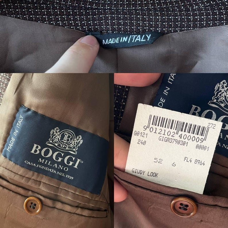 May include: Close-up of a brown and white checkered blazer interior with tags. The tags read "MADE IN ITALY" and "BOGGI MILANO CASA FONDATA NEL 1939". A price tag is also visible with the text "GIUDY LOOK".