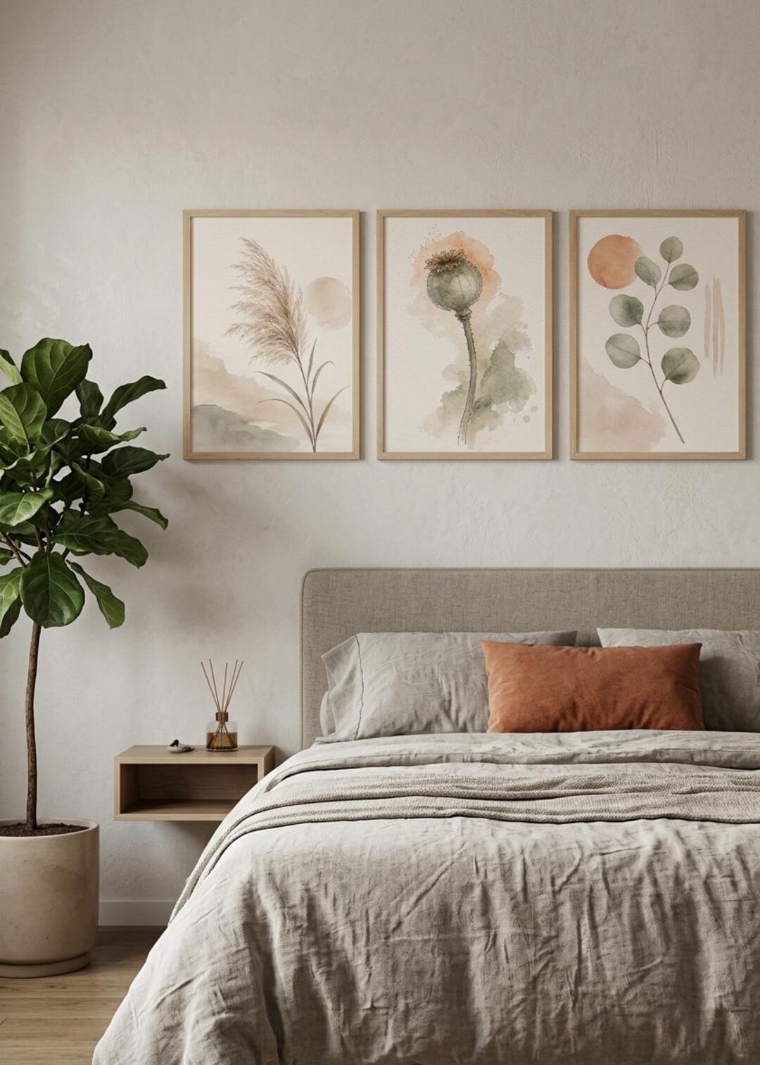 Japandi Wall Art Set of 3, Neutral Botanical Prints, Pampas Grass ...