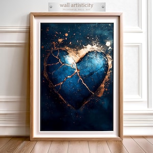 May include: A blue heart with gold accents is cracked and broken. The heart is set against a dark blue background with gold splatters.
