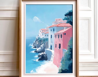 Impresión artística en acuarela de un pueblo costero / Casas costeras mediterráneas (descarga digital)