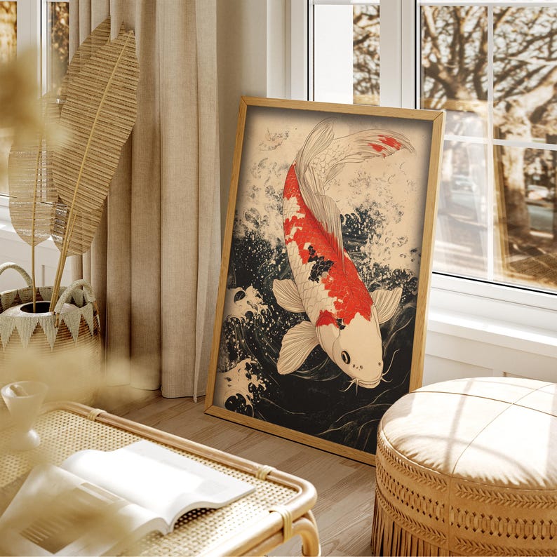 Japanese Koi Fish Art Print: Red & Black Wall Decor (digital Download ...