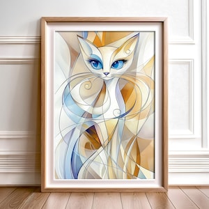 Abstract Blue Eyed Cat Art Print: Modern Feline Illustration (Digital Download)