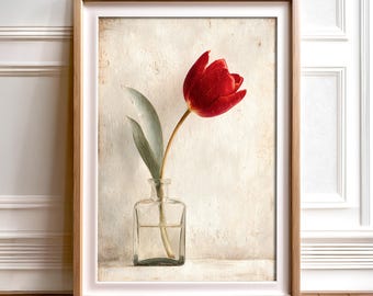Art mural numérique nature morte tulipe rouge | Oeuvre d'art florale de style vintage | Téléchargement numérique