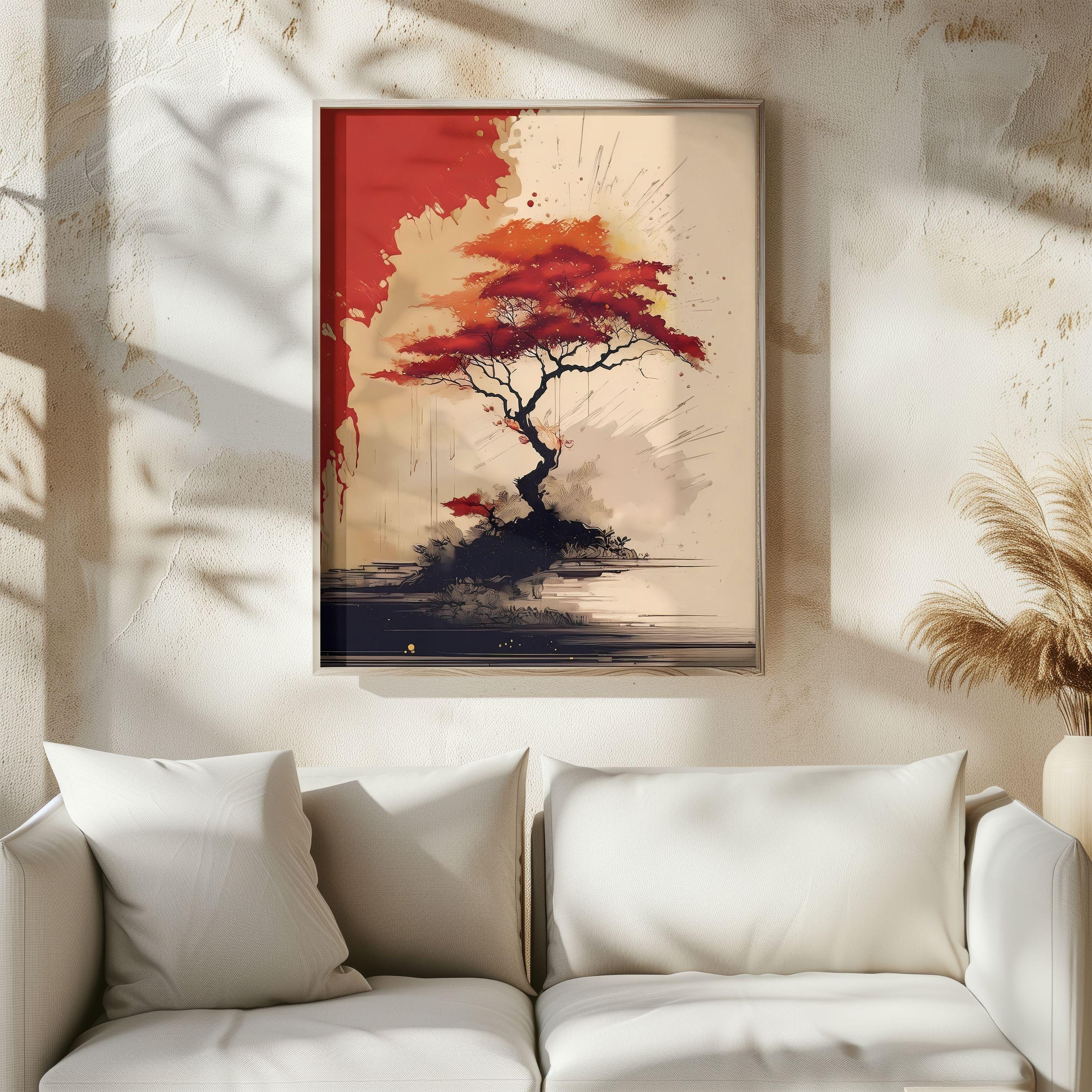 Japanese Tree Art Print: Red Beige Minimalist Decor (digital Download ...