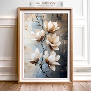 May include: A painting of white magnolia flowers with brown stems against a blue and brown background.