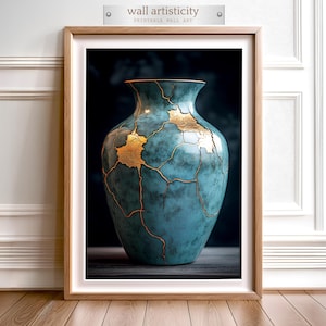 Kintsugi Vase Print: Turquoise & Gold Ceramic, Wabi Sabi Decor (Digital Download)