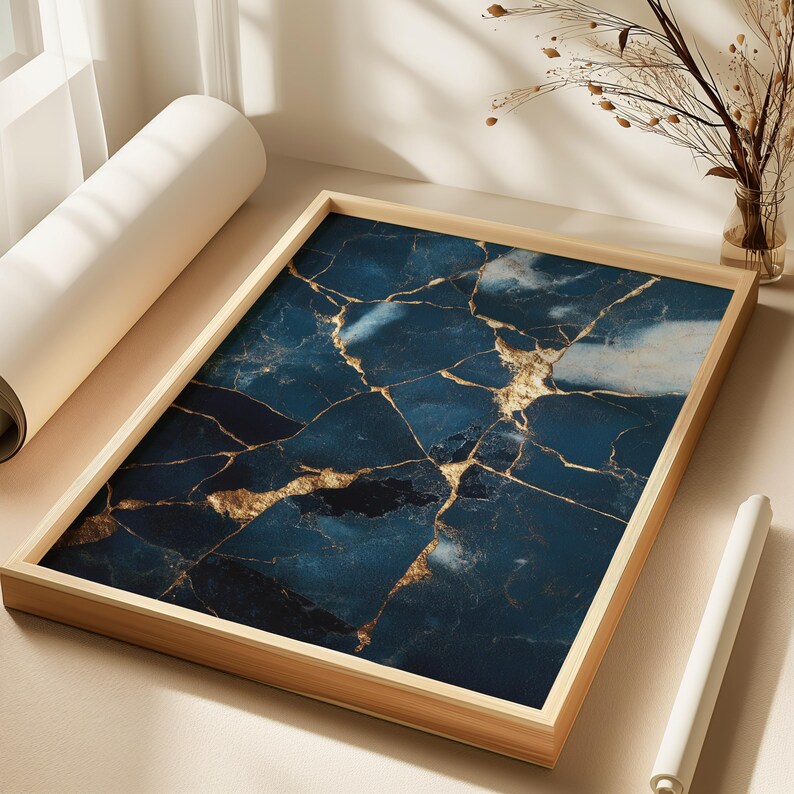 Kintsugi Wall Art Print: Golden Crackle Blue Marble (digital Download ...