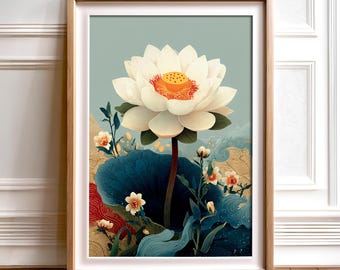 Väggkonst med lotusblomma | Asiatisk zenbotanisk tavla | Digital nedladdning