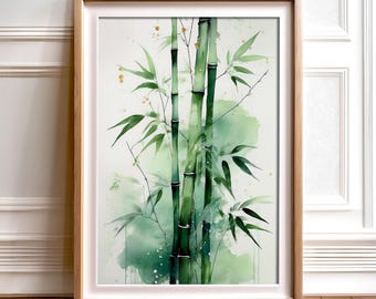 Puede incluir: Pintura acuarela de tallos de bambú verdes con hojas sobre un fondo blanco. La pintura tiene un efecto acuarela suave y está enmarcada en un marco de madera claro.