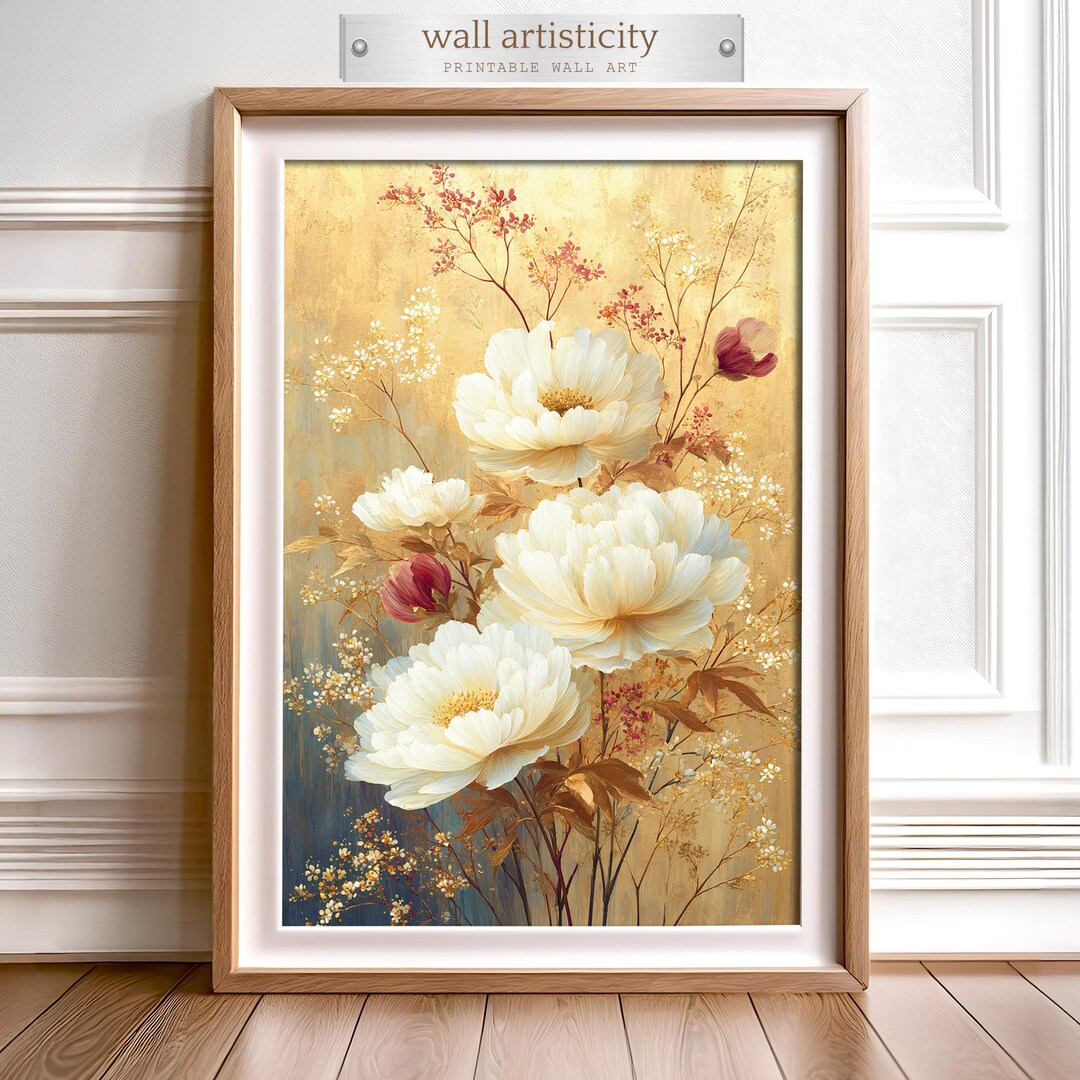 Vintage White Peony Digital Wall Art Print, Luxury Gold Floral Wall ...