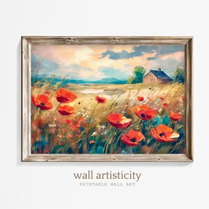 Arte de paisaje de campo de amapolas: Impresión de un paisaje sereno (descarga digital)