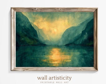 Arte de parede digital de paisagem | Impressão de arte abstrata verde e dourada | Download instantâneo