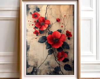 May include: A digital painting of red flowers with dark green leaves on a textured beige background. The flowers are in bloom and have a delicate, romantic feel.