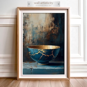 May include: A blue and gold bowl with cracks sits on a wooden surface against a textured background. The bowl has a gold rim and gold cracks throughout the blue surface.