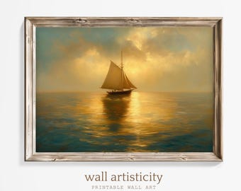 Kunstafdruk kustzeilboot zonsondergang: nautisch huisdecor (digitale download)
