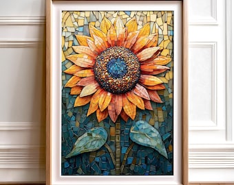 May include: A framed mosaic artwork depicting a sunflower with yellow and orange petals, a brown center, and blue and green leaves against a blue and green mosaic background.