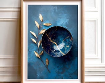 Kintsugi Schüssel, digitale Wandkunst, Navy Blau und Gold Zen Print, Instant Download