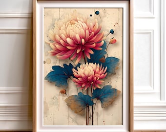 May include: A framed art print of two chrysanthemum flowers, one large and one smaller, in pink and cream hues, with blue-green foliage. The print is set against a textured, off-white background and framed in light wood. The text "wall artisticity PRINTABLE WALL ART" is at the top.