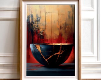 Kintsugi Art Print: Japanese Gold Cracked Bowl, Wabi Sabi (Digital Download)